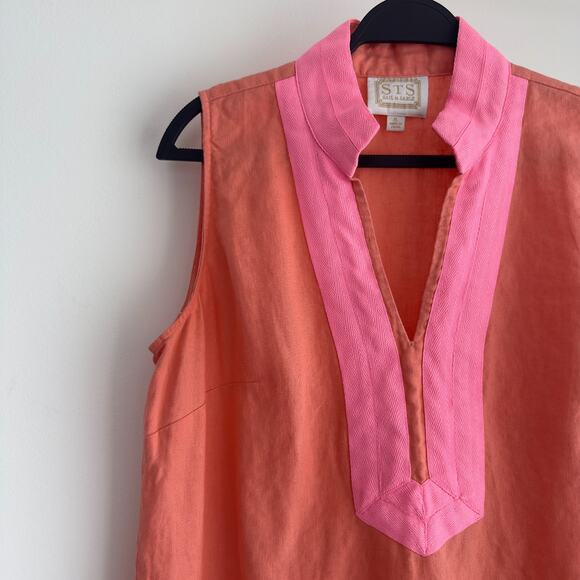 Sail To Sable Linen Dress XL Linen Classic Tunic Resort Coastal Coral Sleeveless - Picture 2 of 12